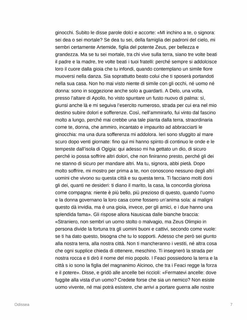 
<h2 id="proemio">Proemio</h2>
<p>Il poema dell'Odissea narra le avventure di Odisseo, un uomo astuto che ha vagato per lungo tempo dopo la 
