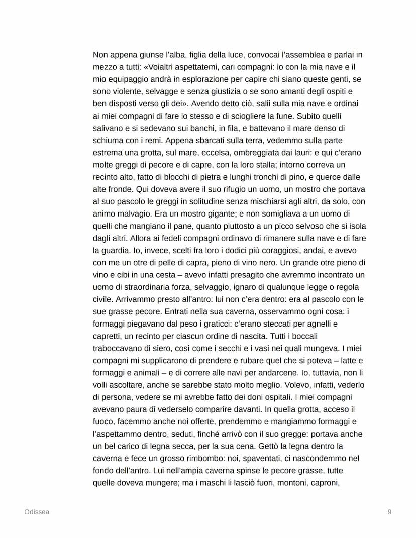
<h2 id="proemio">Proemio</h2>
<p>Il poema dell'Odissea narra le avventure di Odisseo, un uomo astuto che ha vagato per lungo tempo dopo la 
