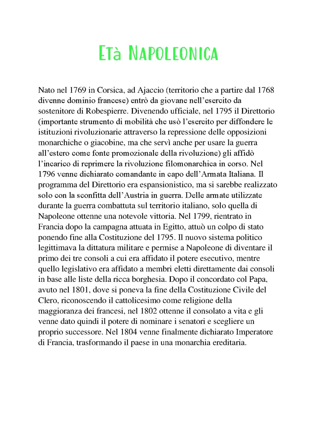 Età Napoleonica: Schema, Riassunti e Mappe per Bambini