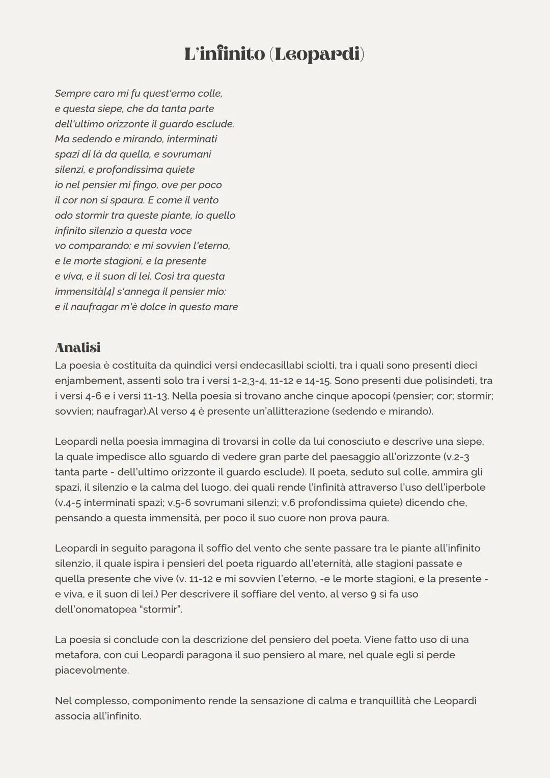 L'infinito (Leopardi)
Sempre caro mi fu quest'ermo colle,
e questa siepe, che da tanta parte
dell'ultimo orizzonte il guardo esclude.
Ma sed