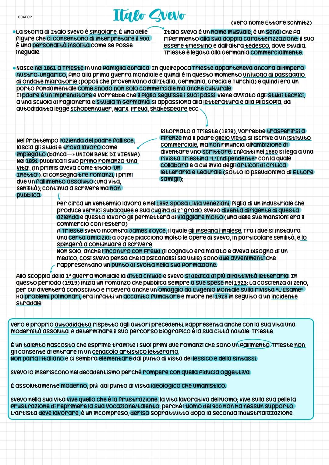 00AEC2
# Italo Svevo
(vero nome Ettore schmitz)
•La storia di Italo svevo è singolare, è una delle
Figure che ci consentono di interpretare 