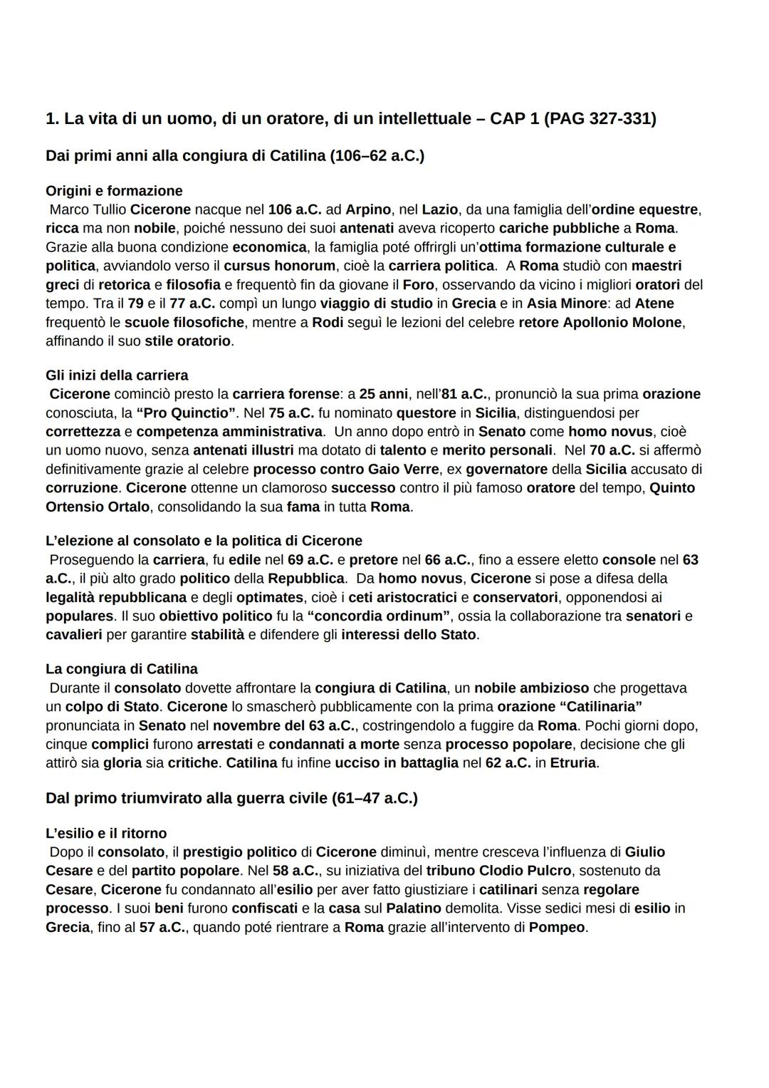 # 1. La vita di un uomo, di un oratore, di un intellettuale - CAP 1 (PAG 327-331)

Dai primi anni alla congiura di Catilina (106-62 a.C.)

O
