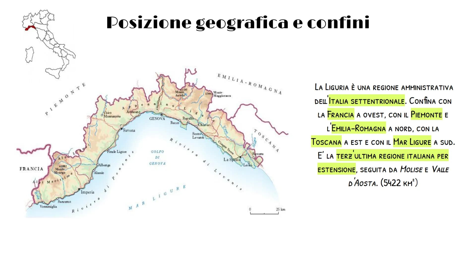 
<p>La Liguria è una regione amministrativa dell'Italia settentrionale. Confinante con la Francia a ovest, con il Piemonte e l'Emilia-Romagn