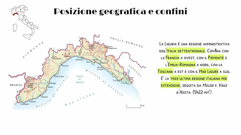 
<p>La Liguria è una regione amministrativa dell'Italia settentrionale. Confinante con la Francia a ovest, con il Piemonte e l'Emilia-Romagn