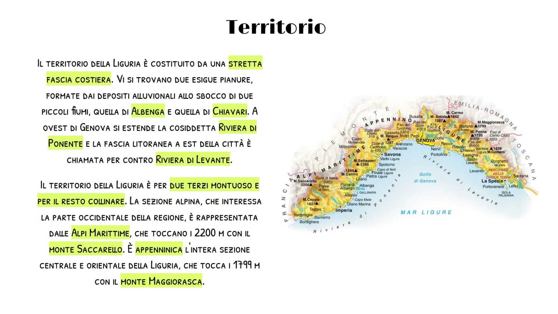 
<p>La Liguria è una regione amministrativa dell'Italia settentrionale. Confinante con la Francia a ovest, con il Piemonte e l'Emilia-Romagn