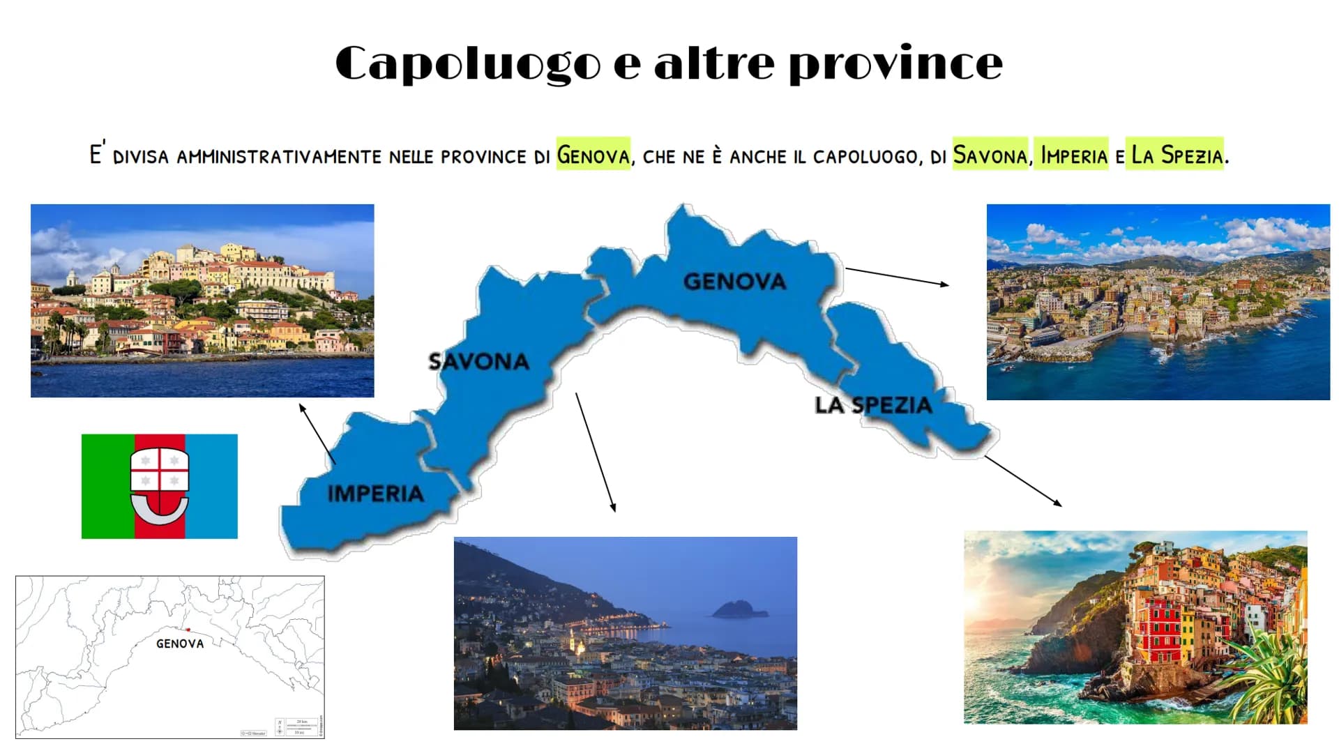 
<p>La Liguria è una regione amministrativa dell'Italia settentrionale. Confinante con la Francia a ovest, con il Piemonte e l'Emilia-Romagn