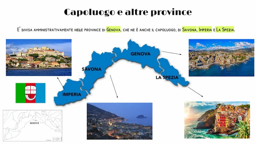 
<p>La Liguria è una regione amministrativa dell'Italia settentrionale. Confinante con la Francia a ovest, con il Piemonte e l'Emilia-Romagn