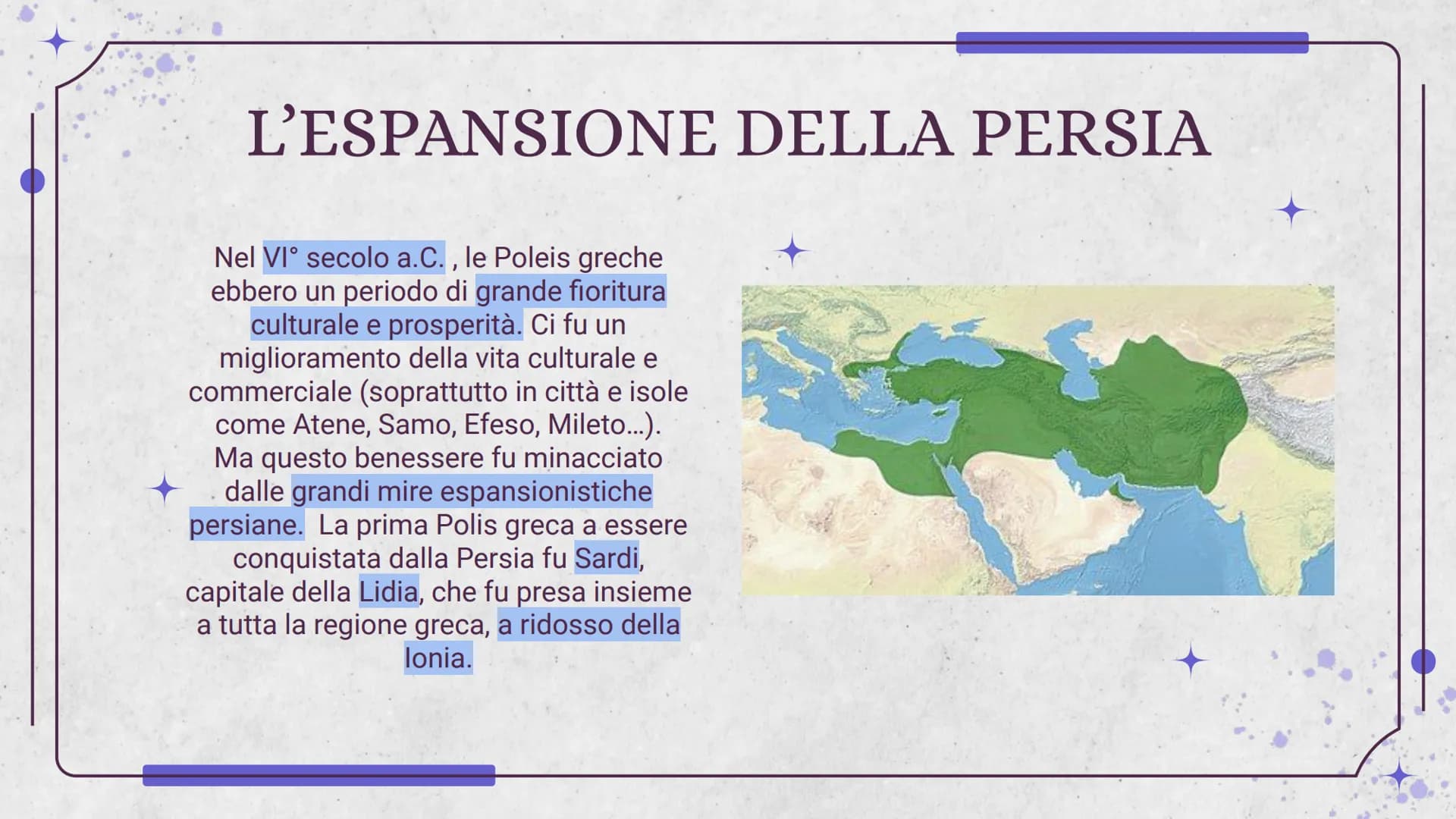 
<h2 id="introduzione">Introduzione</h2>
<p>L'espansione della Persia e l'Impero Persiano sotto il regno di Ciro e di Cambise</p>
<p>Nel VI 