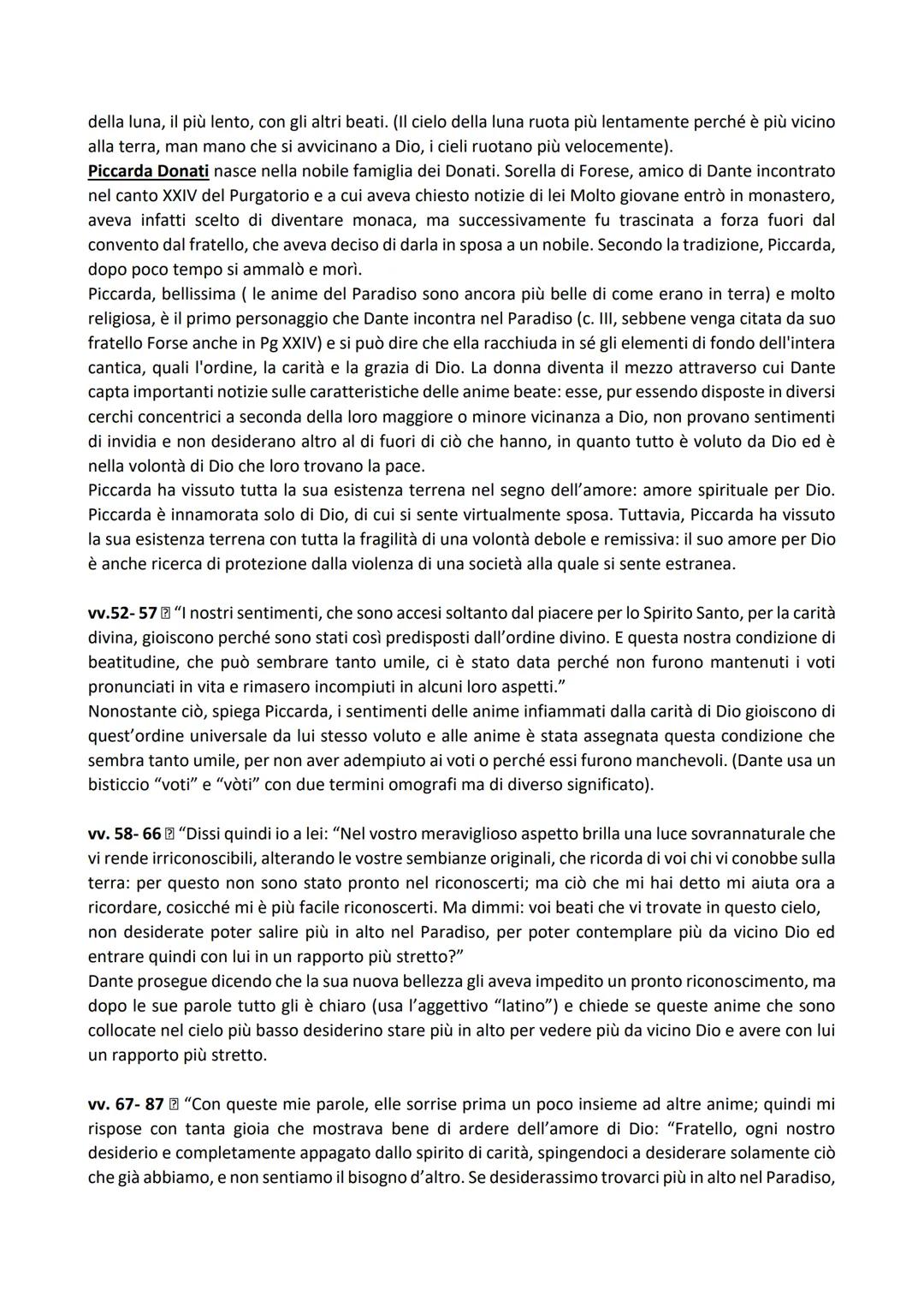 CANTO III
Il canto III è un canto d'amore e dà inizio all'azione del Paradiso, cioè all'incontro e al dialogo di
Dante con le anime.
Nel can