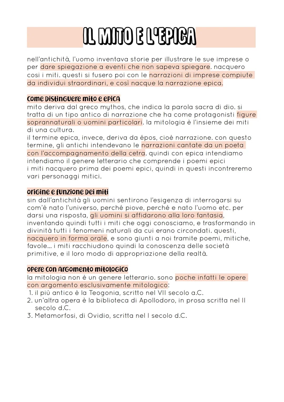 IL MITO E L'EPICA
nell'antichità, l'uomo inventava storie per illustrare le sue imprese o
per dare spiegazione a eventi che non sapeva spieg