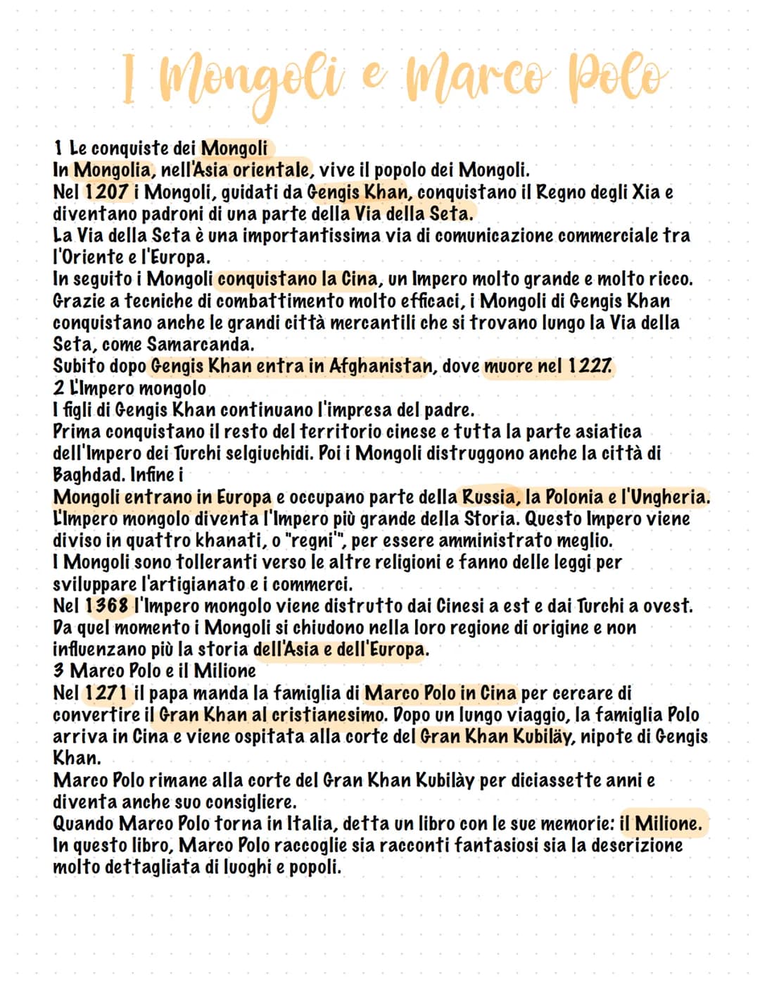 I Mongoli e Marco Polo
1 Le conquiste dei Mongoli
In Mongolia, nell'Asia orientale, vive il popolo dei Mongoli.
Nel 1207 i Mongoli, guidati 