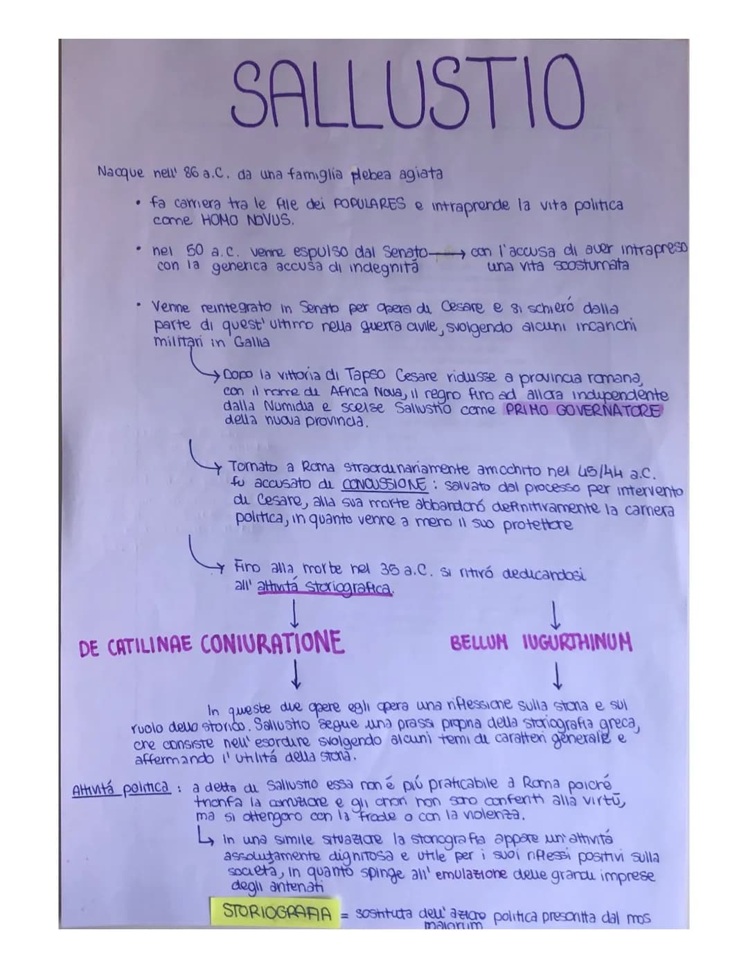
<p>Sallustio, nato nell'86 a.C. da una famiglia plebea agiata, si distinse come HOMO NOVUS tra le file dei POPULARES e intraprese la vita p