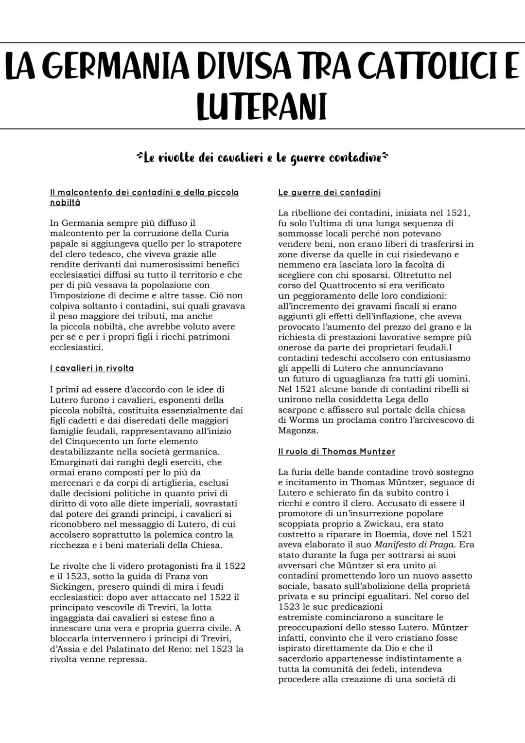 LA GERMANIA DIVISA TRA CATTOLICI E
LUTERANI
Le rivolte dei cavalieri e le guerre contadine
Il malcontento dei contadini e della piccola
nobi