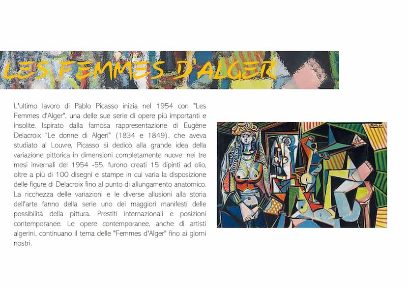 urucu
TRESS
घर తో
STALGER
L'ultimo lavoro di Pablo Picasso inizia nel 1954 con "Les
Femmes d'Alger", una delle sue serie di opere più import