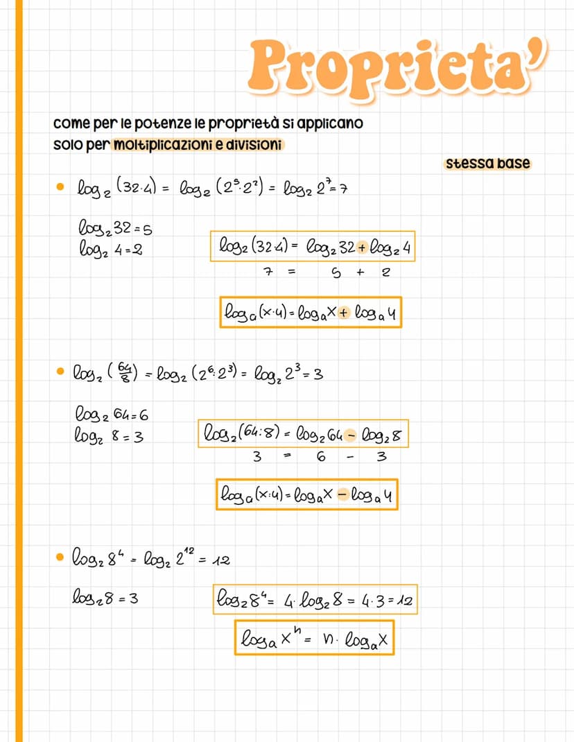 2x=4 → X=2
2x=5
xé l'esponente da attribuire
alla base affinchè dia s
S: x=
log₂ S
log₂ b=x
a>o a^ b>o
a = base
b=argomento
Logaritmi
Logari