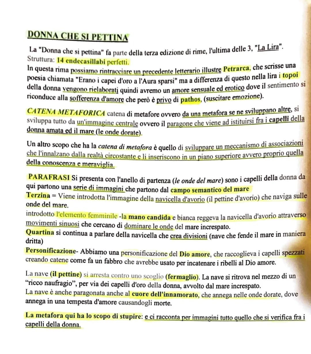 DONNA CHE SI PETTINA
La "Donna che si pettina" fa parte della terza edizione di rime, l'ultima delle 3, "La Lira".
Struttura: 14 endecasilla