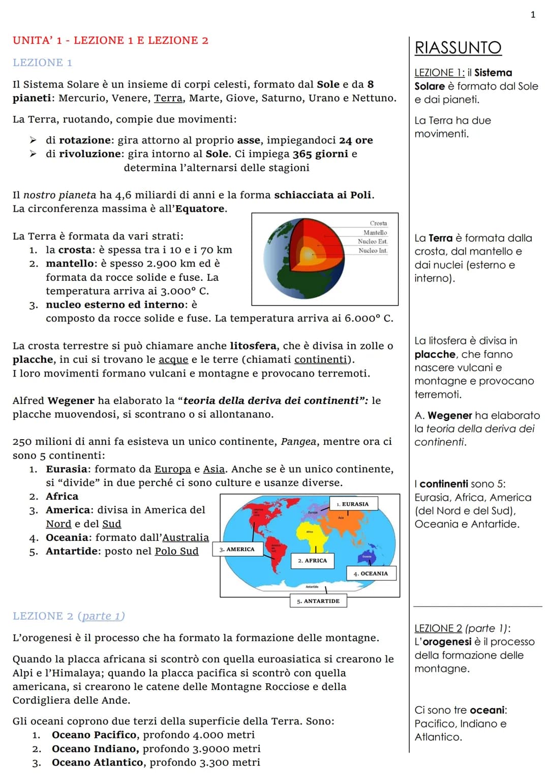 UNITA' 1 LEZIONE 1 E LEZIONE 2
LEZIONE 1
Il Sistema Solare è un insieme di corpi celesti, formato dal Sole e da 8
pianeti: Mercurio, Venere,