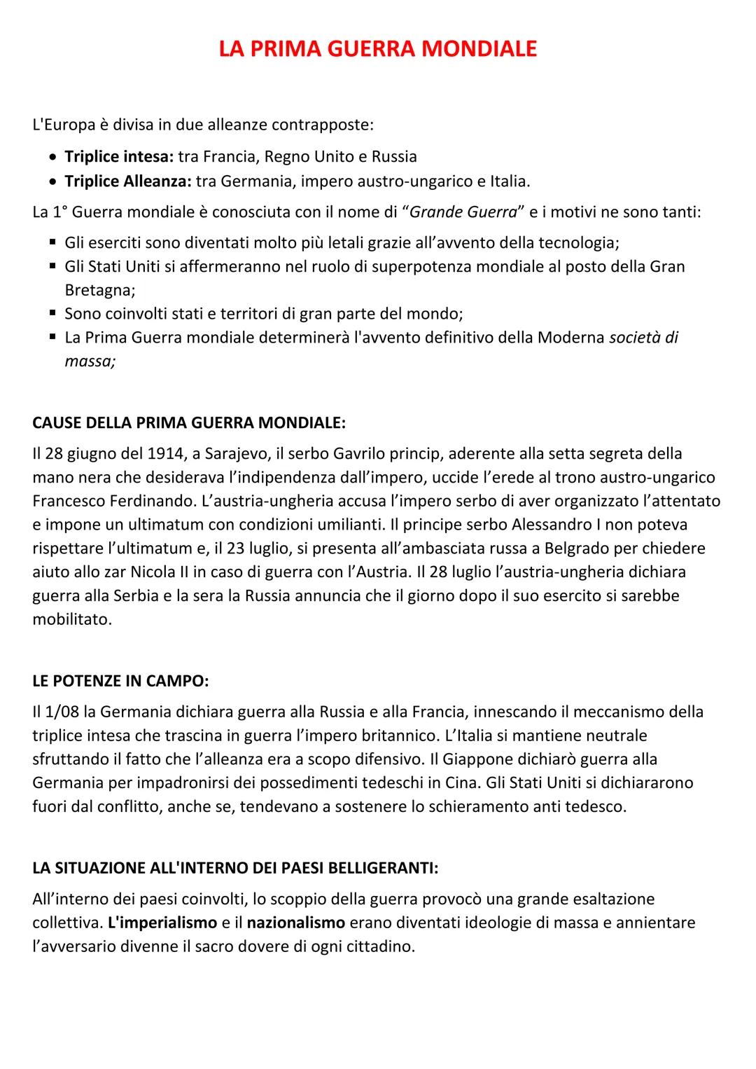 LA PRIMA GUERRA MONDIALE
L'Europa è divisa in due alleanze contrapposte:
• Triplice intesa: tra Francia, Regno Unito e Russia
• Triplice All