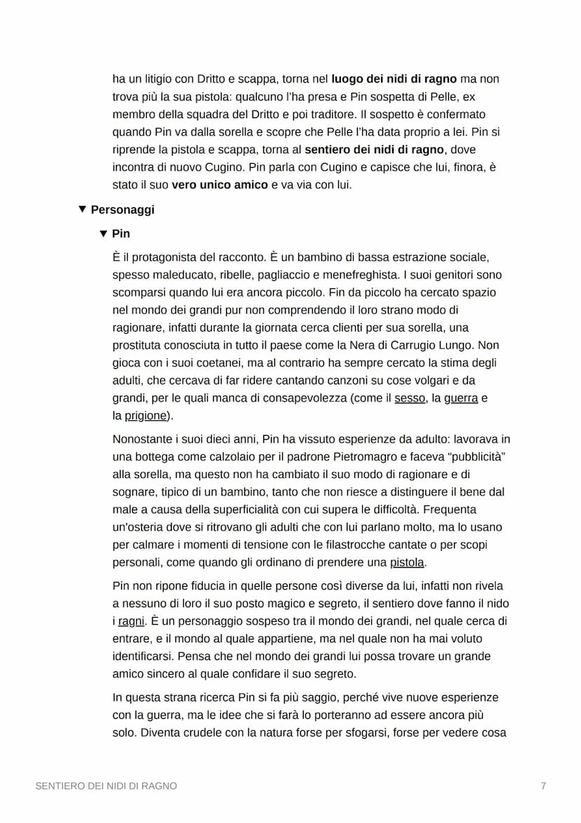 SENTIERO DEI NIDI DI RAGNO
▾ Riassunto per capitoli
Capitolo 1.
Pin è il protagonista della storia. E' un bambino che ha una voce rauca, per