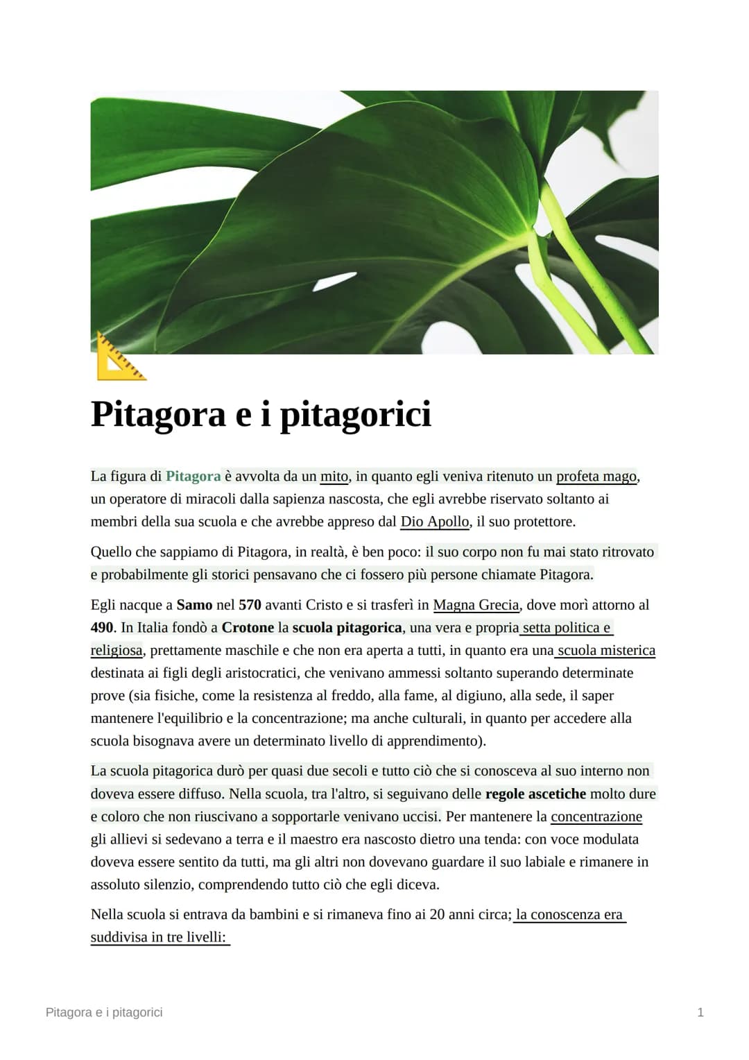 Pitagora e i pitagorici
La figura di Pitagora è avvolta da un mito, in quanto egli veniva ritenuto un profeta mago,
un operatore di miracoli