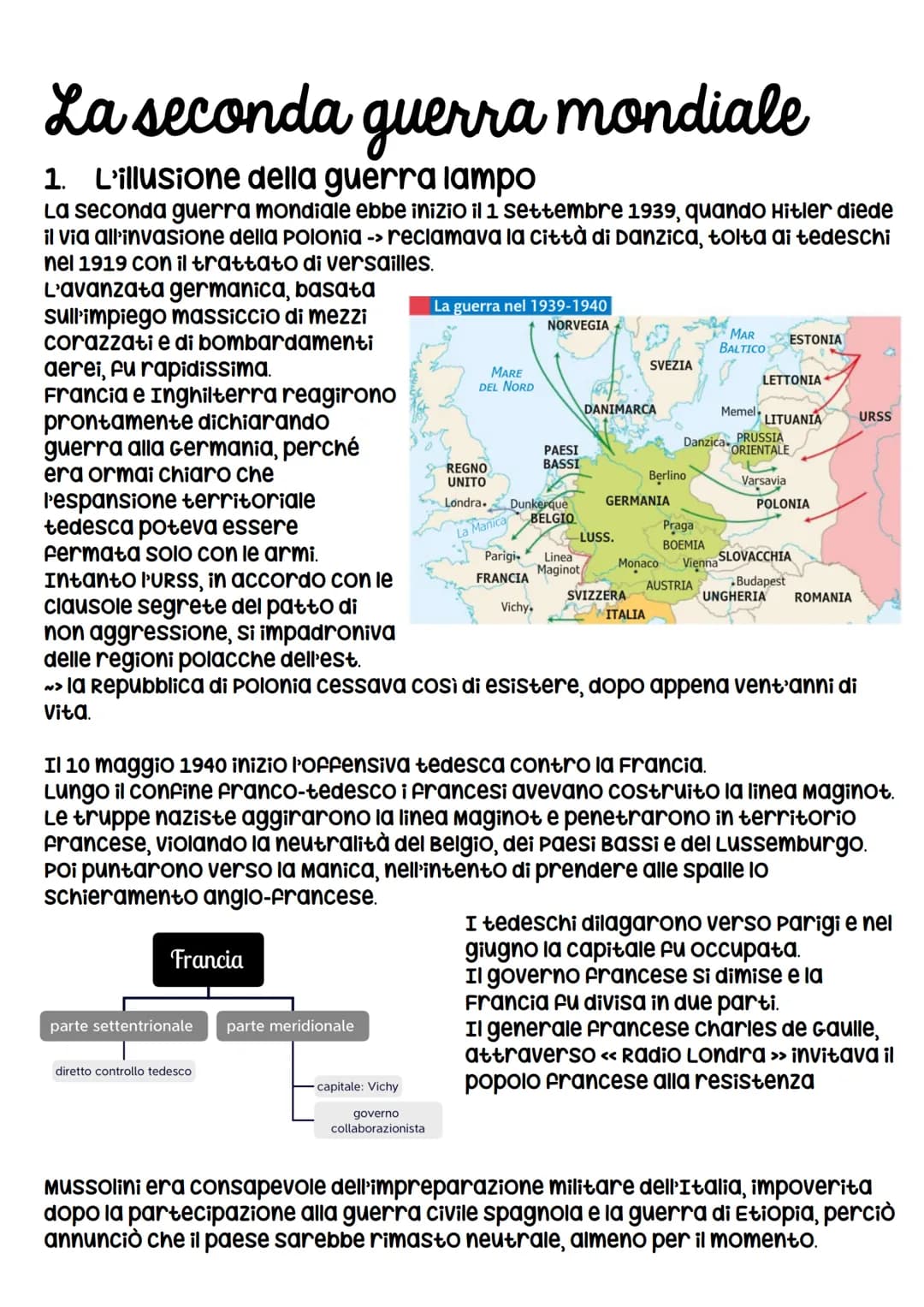 La seconda guerra mondiale
1. L'illusione della guerra lampo
La seconda guerra mondiale ebbe inizio il 1 settembre 1939, quando Hitler diede