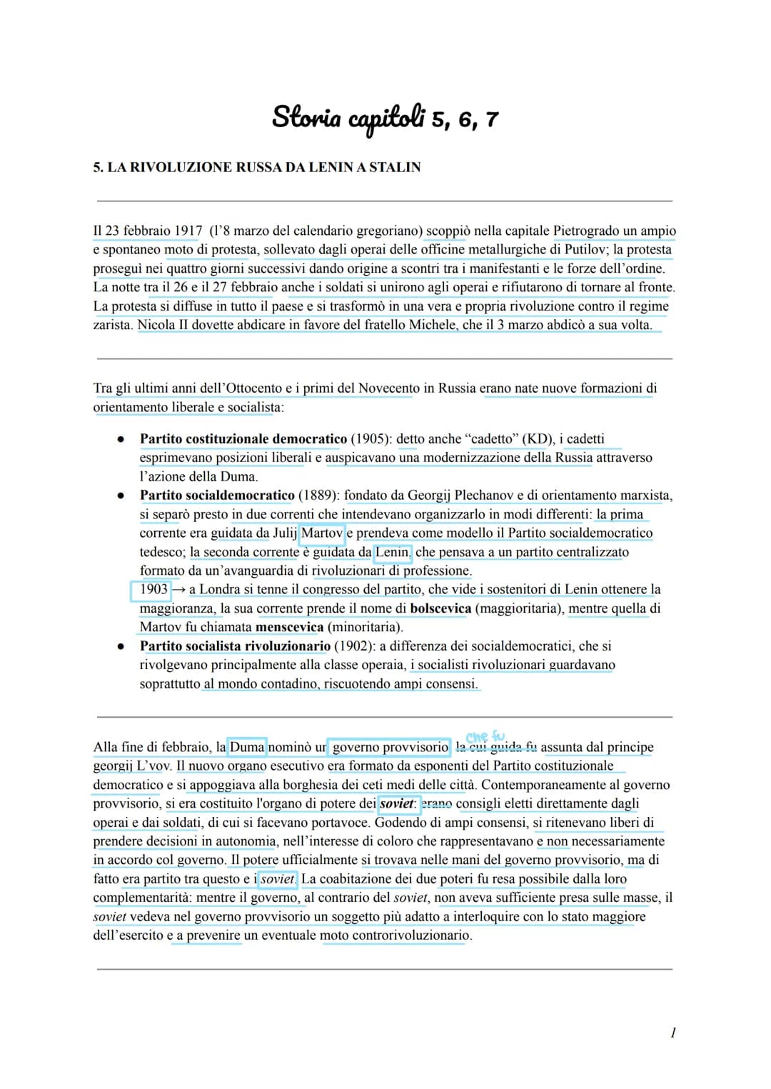Storia capitoli 5, 6, 7
5. LA RIVOLUZIONE RUSSA DA LENIN A STALIN
Il 23 febbraio 1917 (1'8 marzo del calendario gregoriano) scoppiò nella ca
