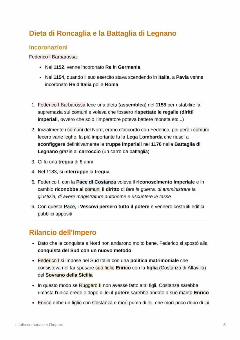 4
L'Italia comunale e l'Impero
Comuni
Nacquero tra l'11esimo e 12esimo secolo
• Nacquero in:
●
●
o Italia centrale (Emilia-Romagna, Toscana)