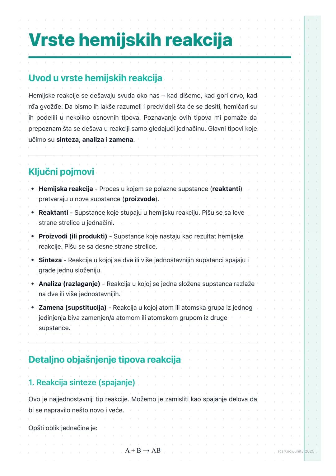 # Vrste hemijskih reakcija

Uvod u vrste hemijskih reakcija

Hemijske reakcije se dešavaju svuda oko nas - kad dišemo, kad gori drvo, kad
rđ