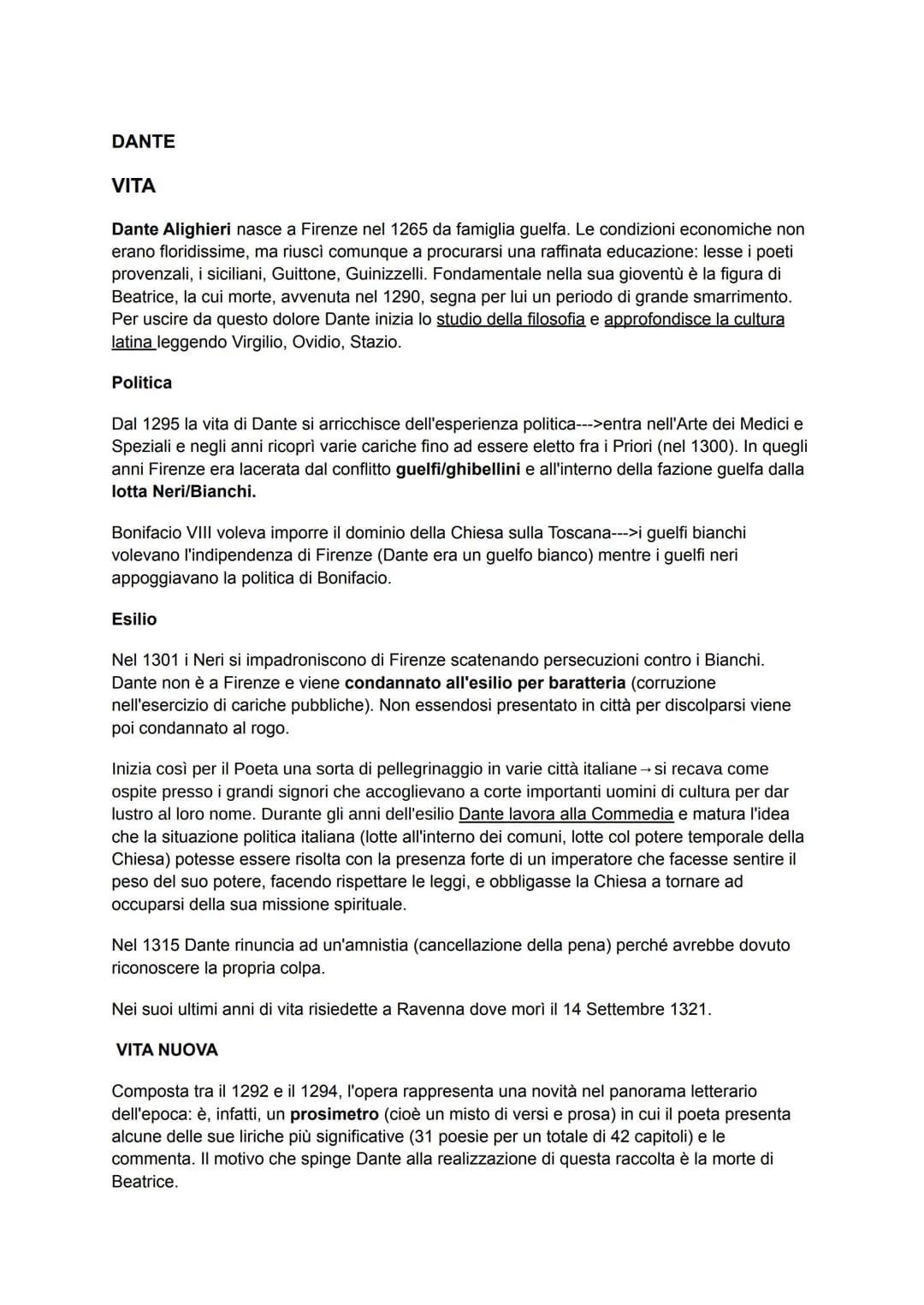 DANTE
VITA
Dante Alighieri nasce a Firenze nel 1265 da famiglia guelfa. Le condizioni economiche non
erano floridissime, ma riuscì comunque 