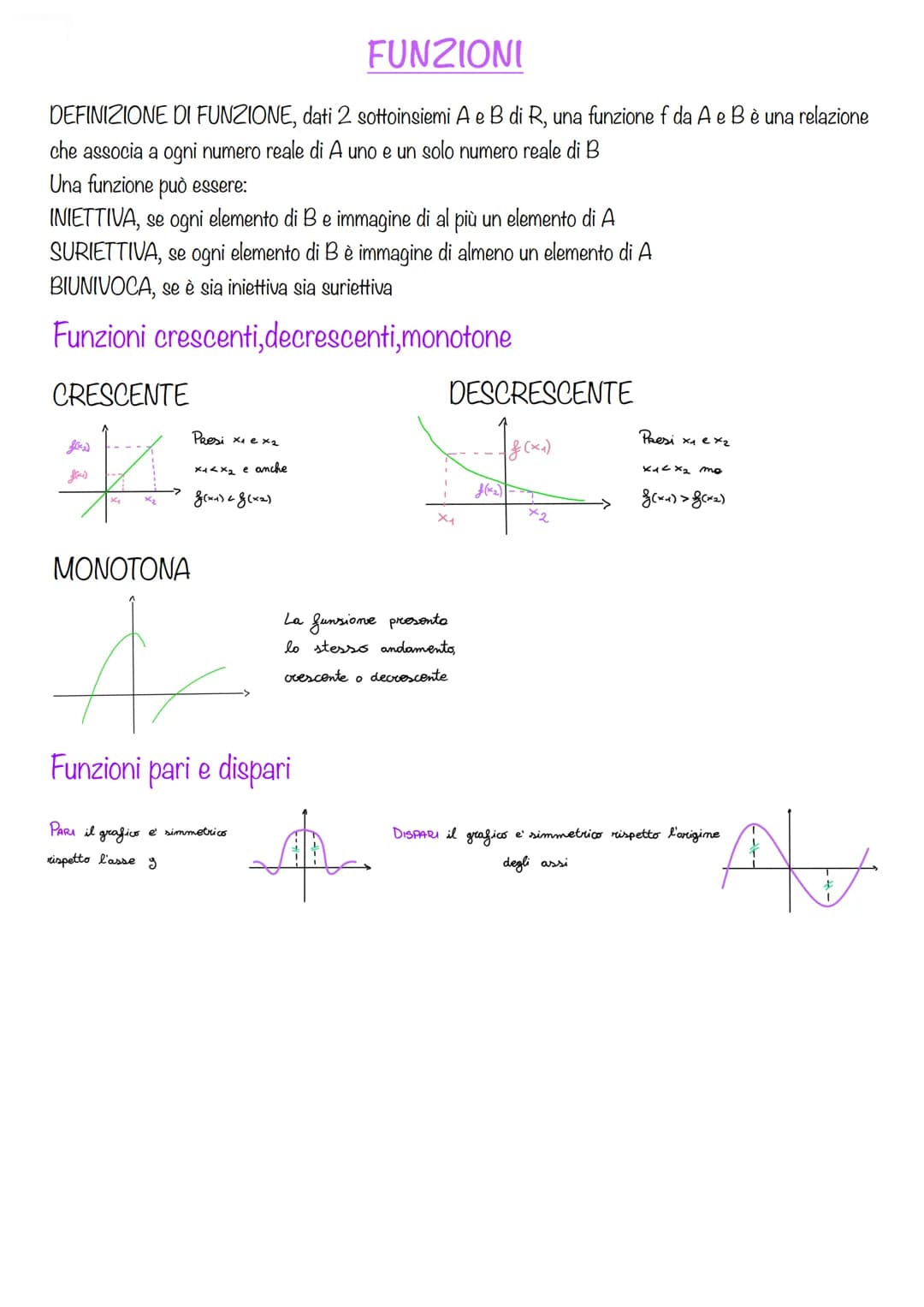 FUNZIONI
DEFINIZIONE DI FUNZIONE, dati 2 sottoinsiemi A e B di R, una funzione f da A e B è una relazione
che associa a ogni numero reale di