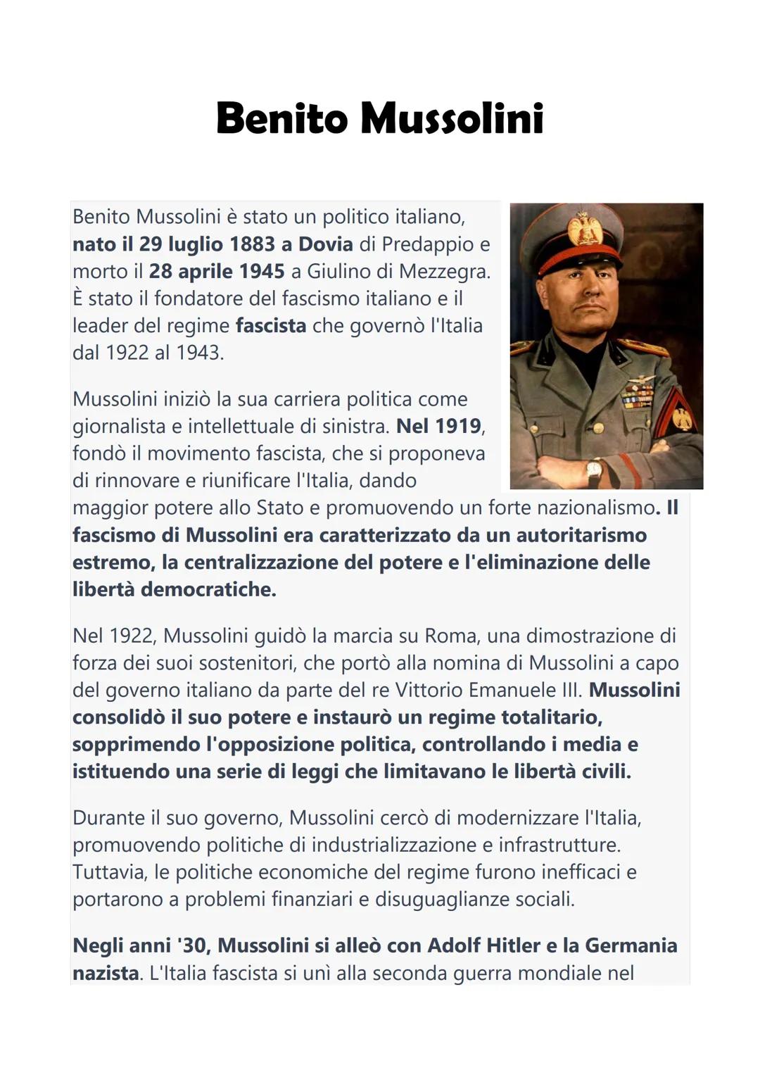 # Benito Mussolini

Benito Mussolini è stato un politico italiano,
nato il 29 luglio 1883 a Dovia di Predappio e
morto il 28 aprile 1945 a G