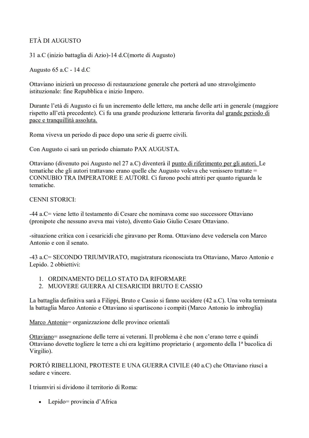 
<h2 id="riassuntodelletaugustea">Riassunto dell'età augustea</h2>
<p>L'età di Augusto, che va dal 31 a.C. (inizio battaglia di Azio) al 14 
