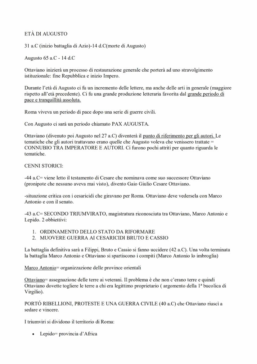 
<h2 id="riassuntodelletaugustea">Riassunto dell'età augustea</h2>
<p>L'età di Augusto, che va dal 31 a.C. (inizio battaglia di Azio) al 14 