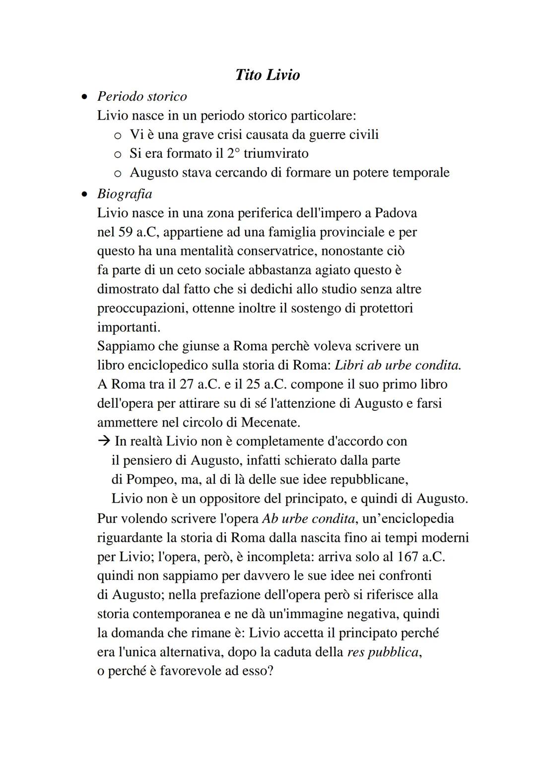 ## Tito Livio

*   Periodo storico

    Livio nasce in un periodo storico particolare:

    *   Vi è una grave crisi causata da guerre civil