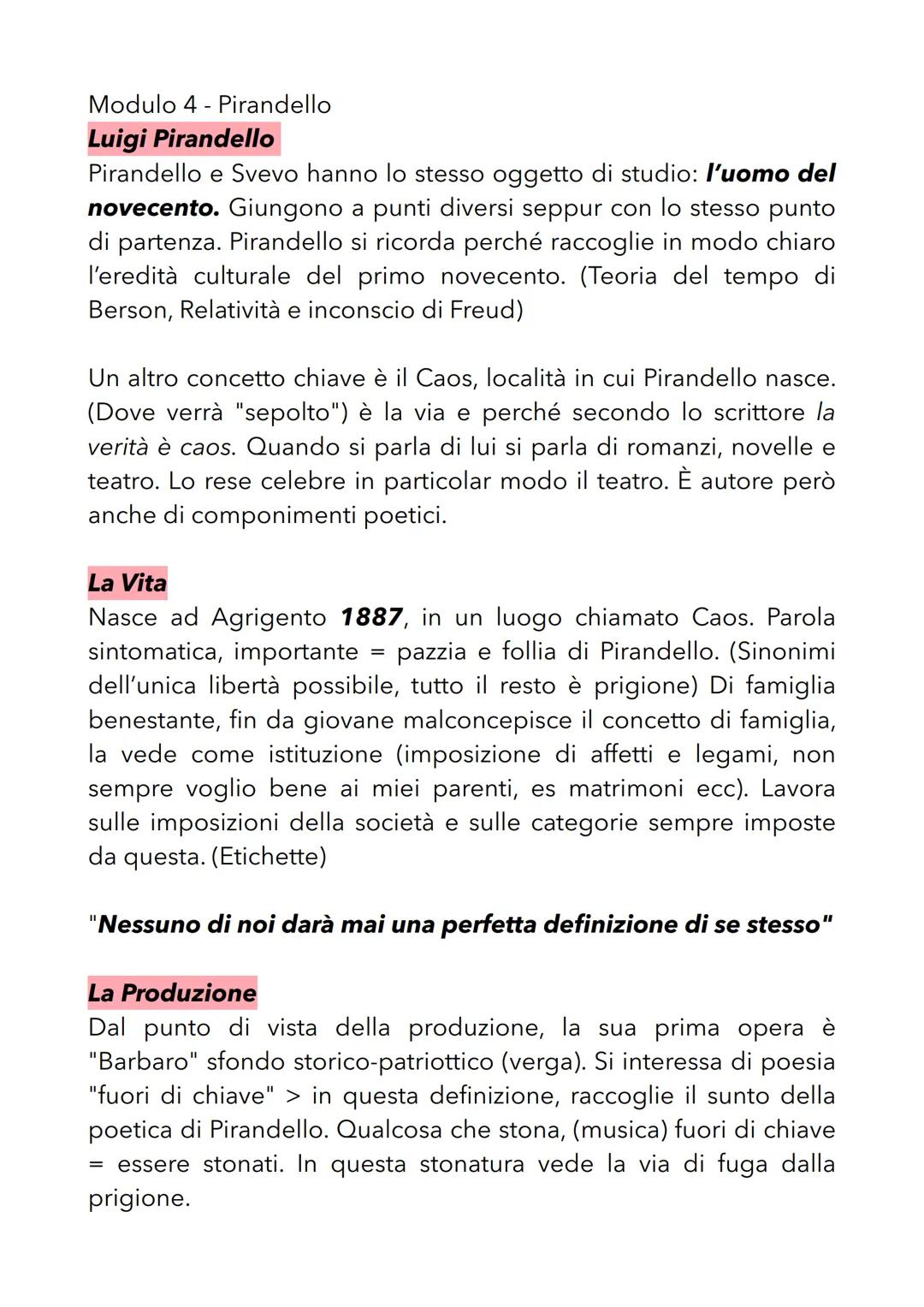 Modulo 4 - Pirandello
# Luigi Pirandello
Pirandello e Svevo hanno lo stesso oggetto di studio: l'uomo del
novecento. Giungono a punti divers