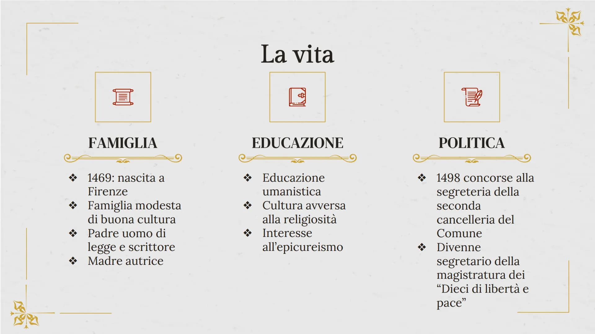 Loc
Niccolò
Machiavelli
Storico, filosofo, scrittore, drammaturgo,
politico, diplomatico italiano
“Padre della scienza politica” 01.
La vita
