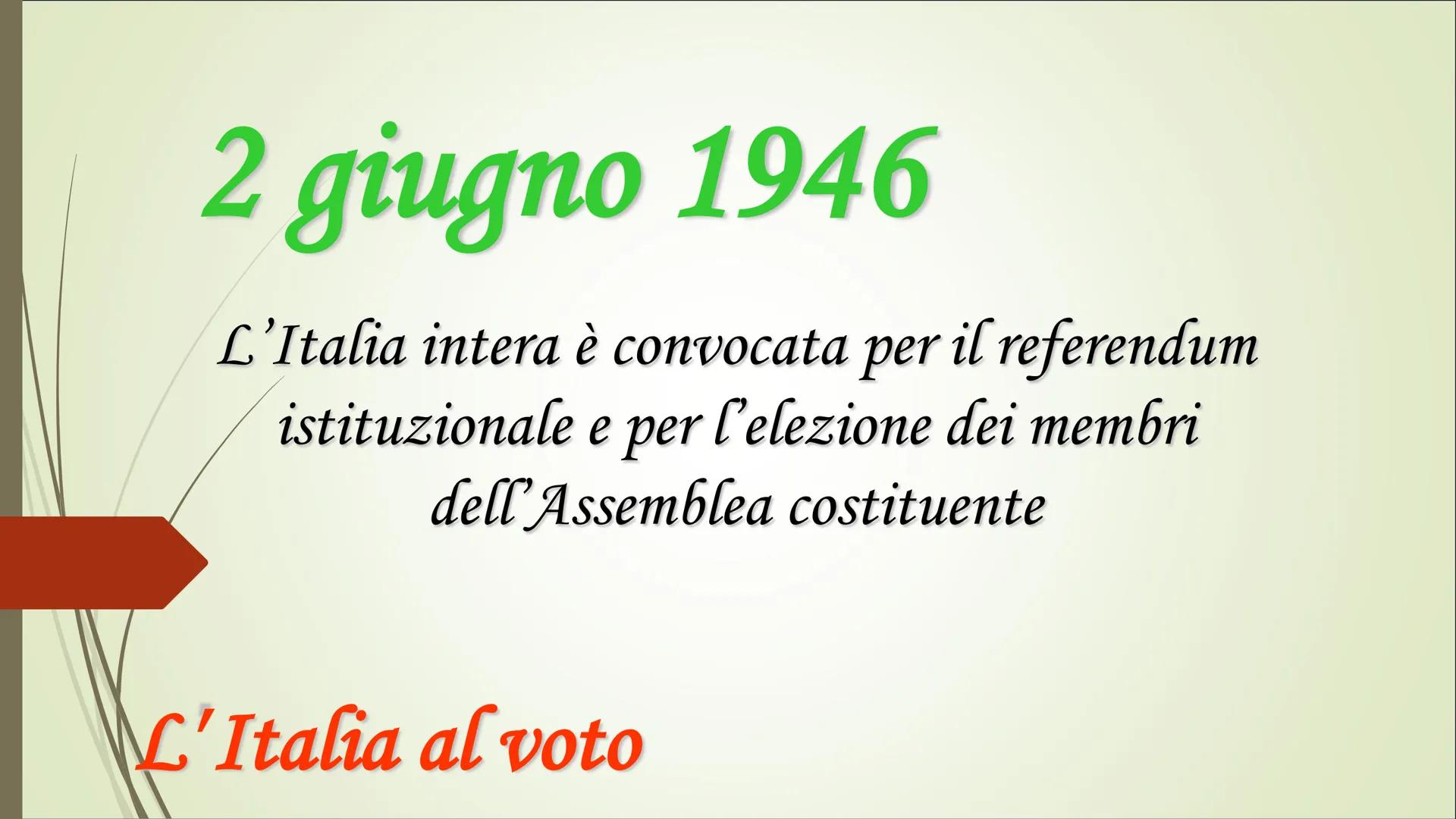 2 giugno 1946

L'Italia intera è convocata per il referendum
istituzionale e per l'elezione dei membri
dell'Assemblea costituente

L'Italia 