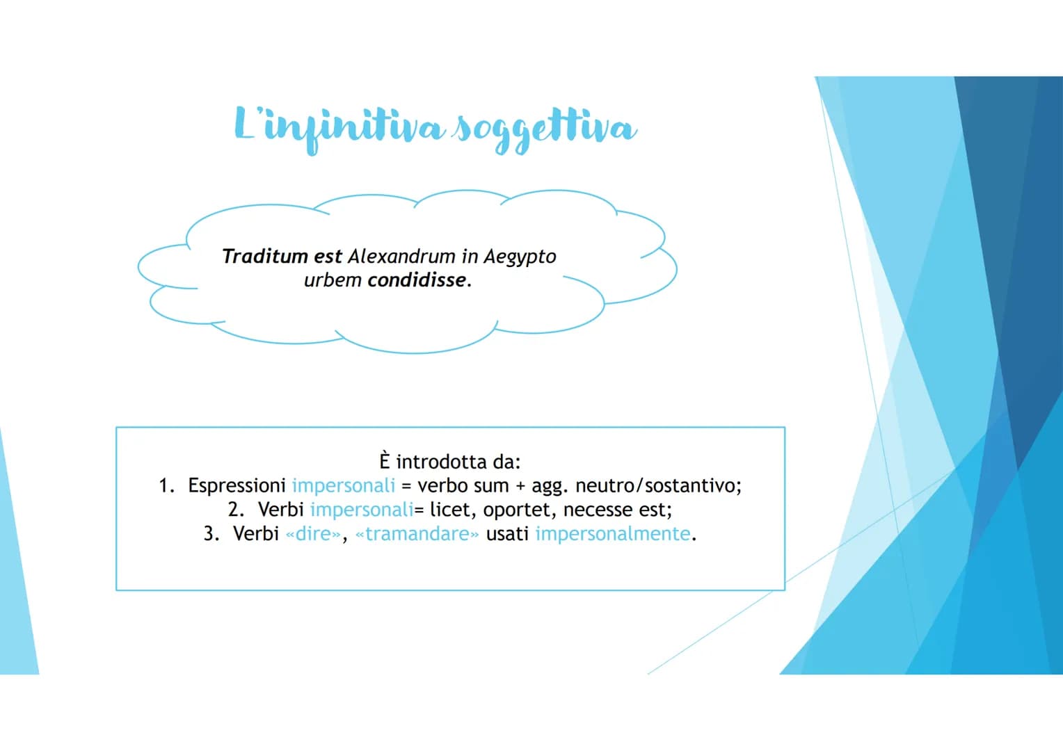 
<p>La proposizione infinitiva è un costrutto sintattico latino che presenta il verbo all'infinito + il soggetto (sempre espresso) e tutti i