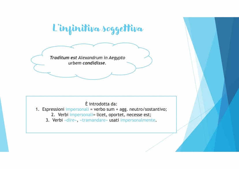 
<p>La proposizione infinitiva è un costrutto sintattico latino che presenta il verbo all'infinito + il soggetto (sempre espresso) e tutti i