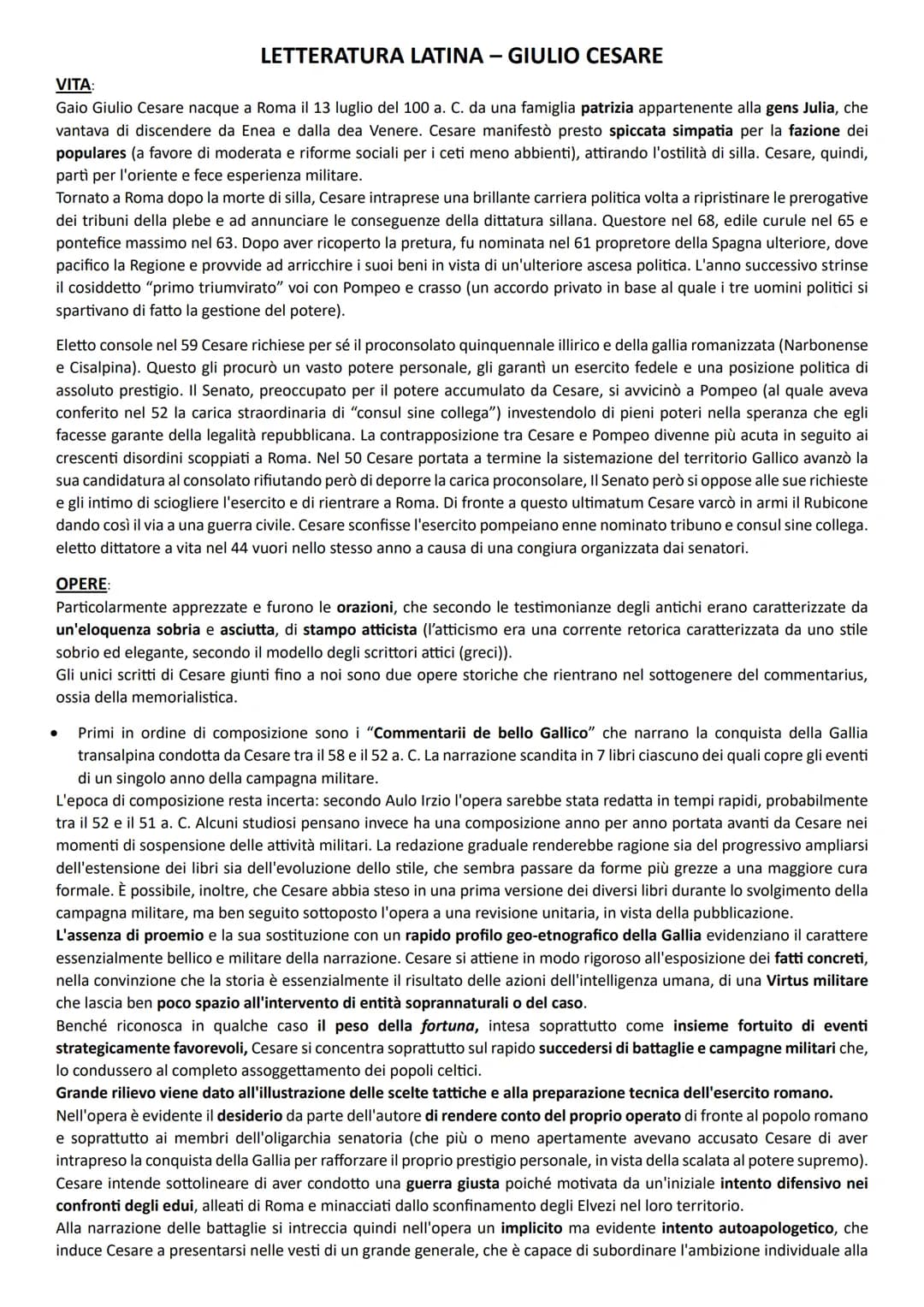 LETTERATURA LATINA - GIULIO CESARE
VITA:
Gaio Giulio Cesare nacque a Roma il 13 luglio del 100 a. C. da una famiglia patrizia appartenente a