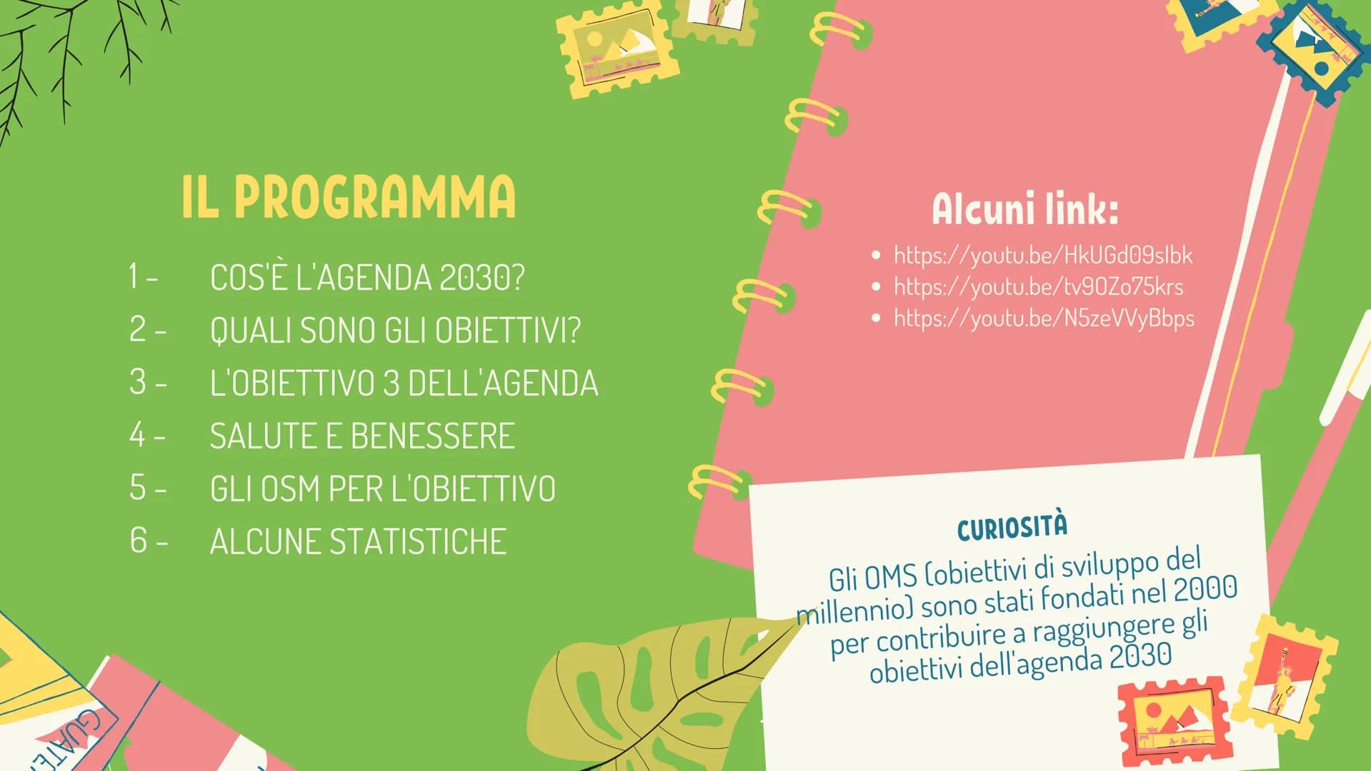 1 IL PROGRAMMA
1 - COS'È L'AGENDA 2030?
2- QUALI SONO GLI OBIETTIVI?
L'OBIETTIVO 3 DELL'AGENDA
3-
4 -
SALUTE E BENESSERE
5-
GLI OSM PER L'OB