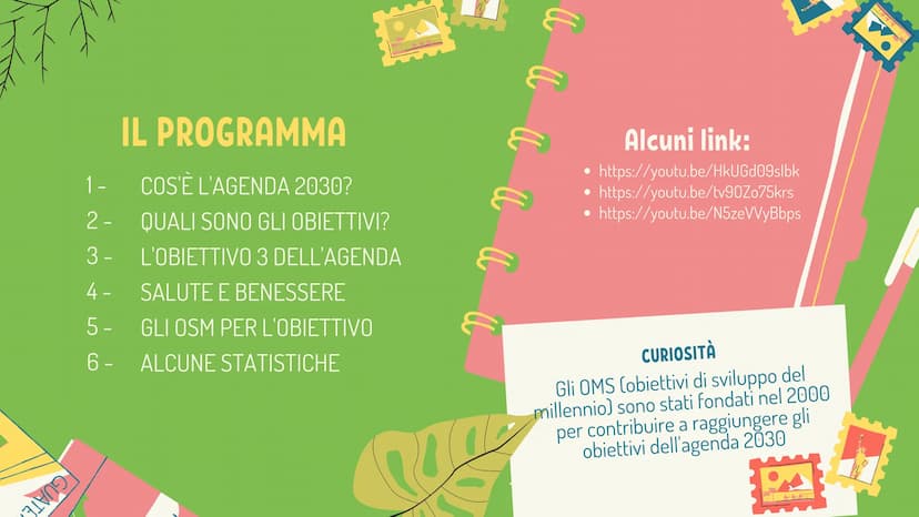 1 IL PROGRAMMA
1 - COS'È L'AGENDA 2030?
2- QUALI SONO GLI OBIETTIVI?
L'OBIETTIVO 3 DELL'AGENDA
3-
4 -
SALUTE E BENESSERE
5-
GLI OSM PER L'OB
