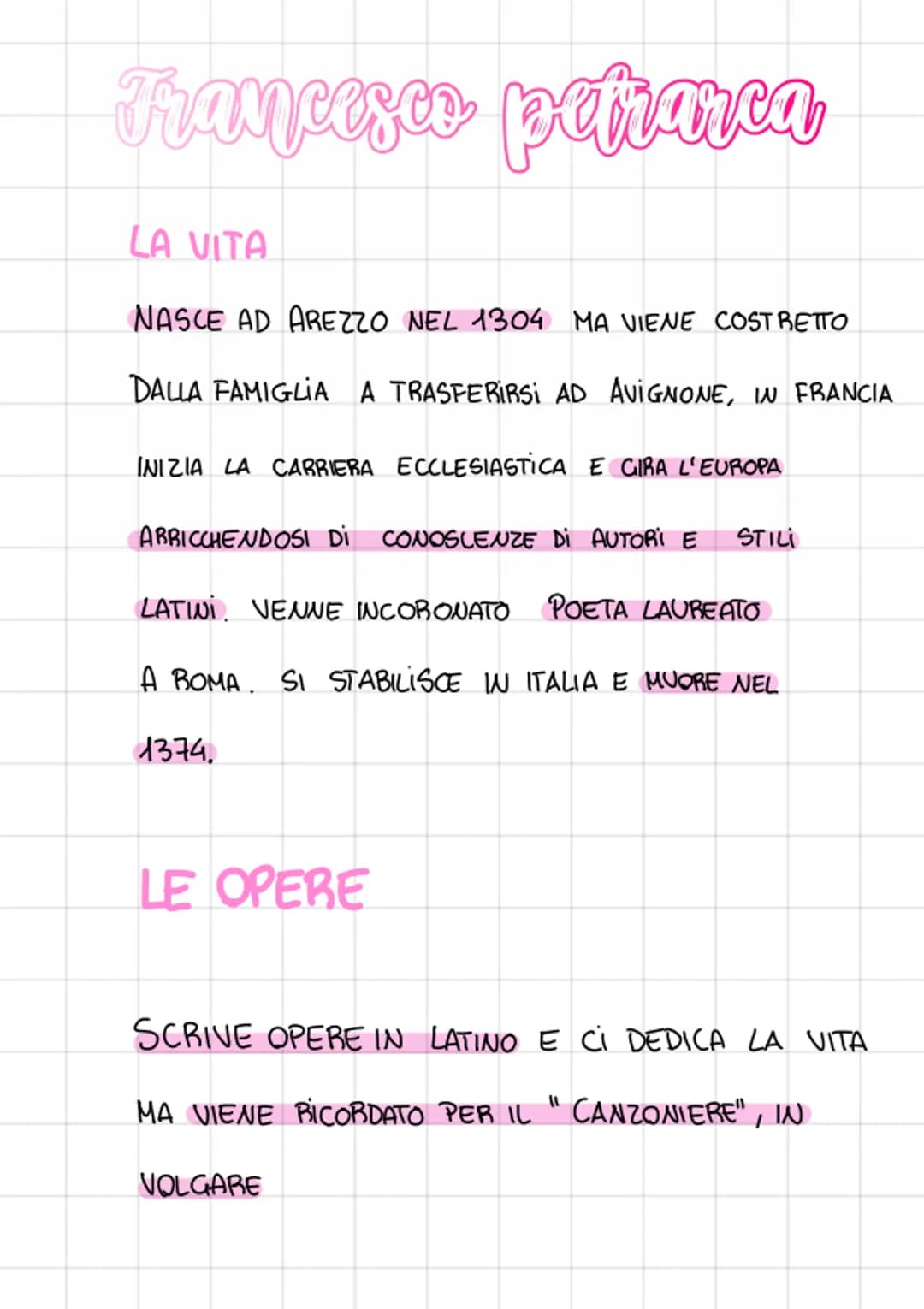 Francesco petranca
LA VITA
NASCE AD AREZZO NEL 1304 MA VIENE COSTRETTO
DALLA FAMIGLIA A TRASFERIRSI AD AVIGNONE, FRANCIA
INIZIA LA CARRIERA 