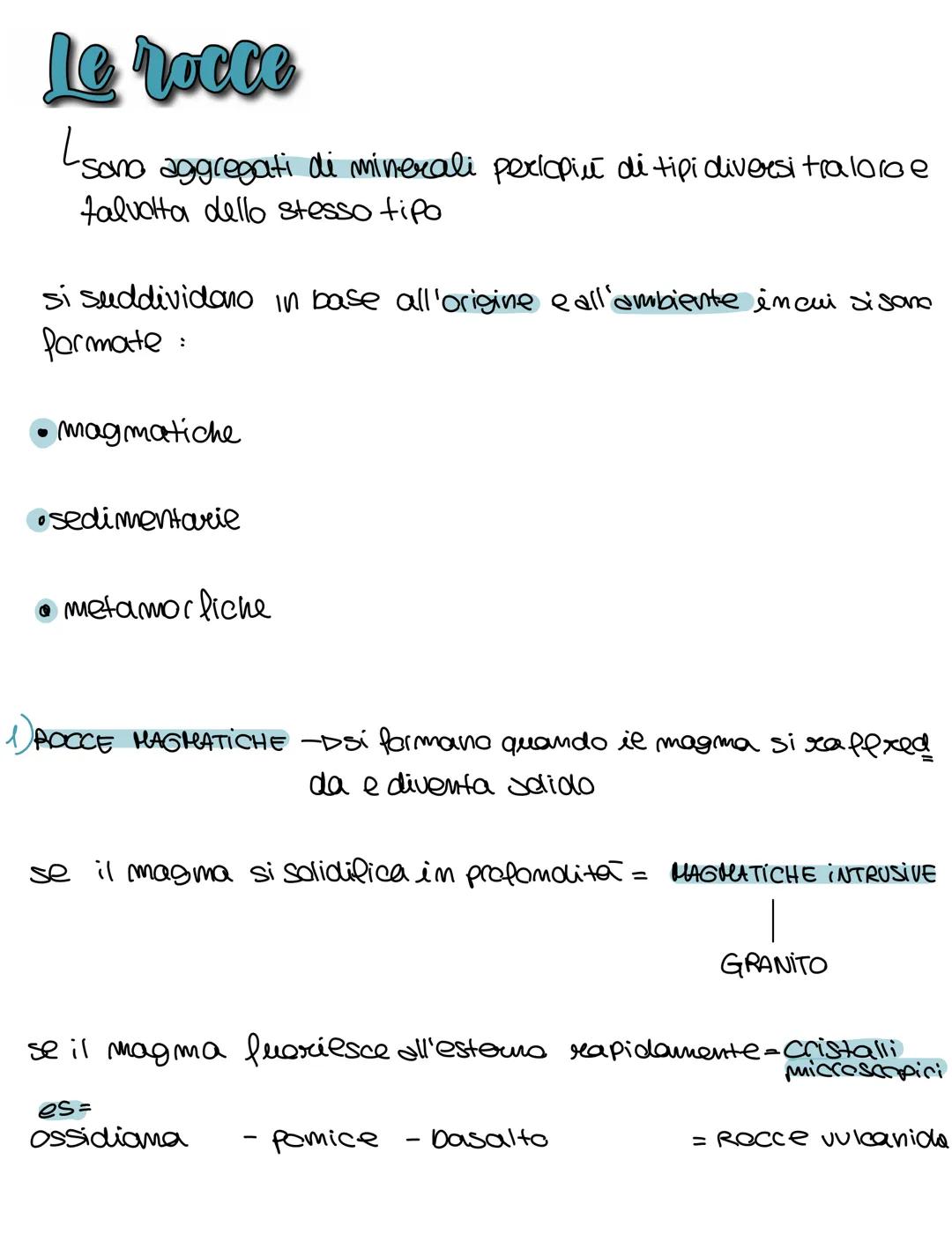 # Le rocce

Isono aggregati di minerali pexlopit di tipi diversi tra loroe
talvolta dello stesso tipo

si suddividano in base all'origine e 