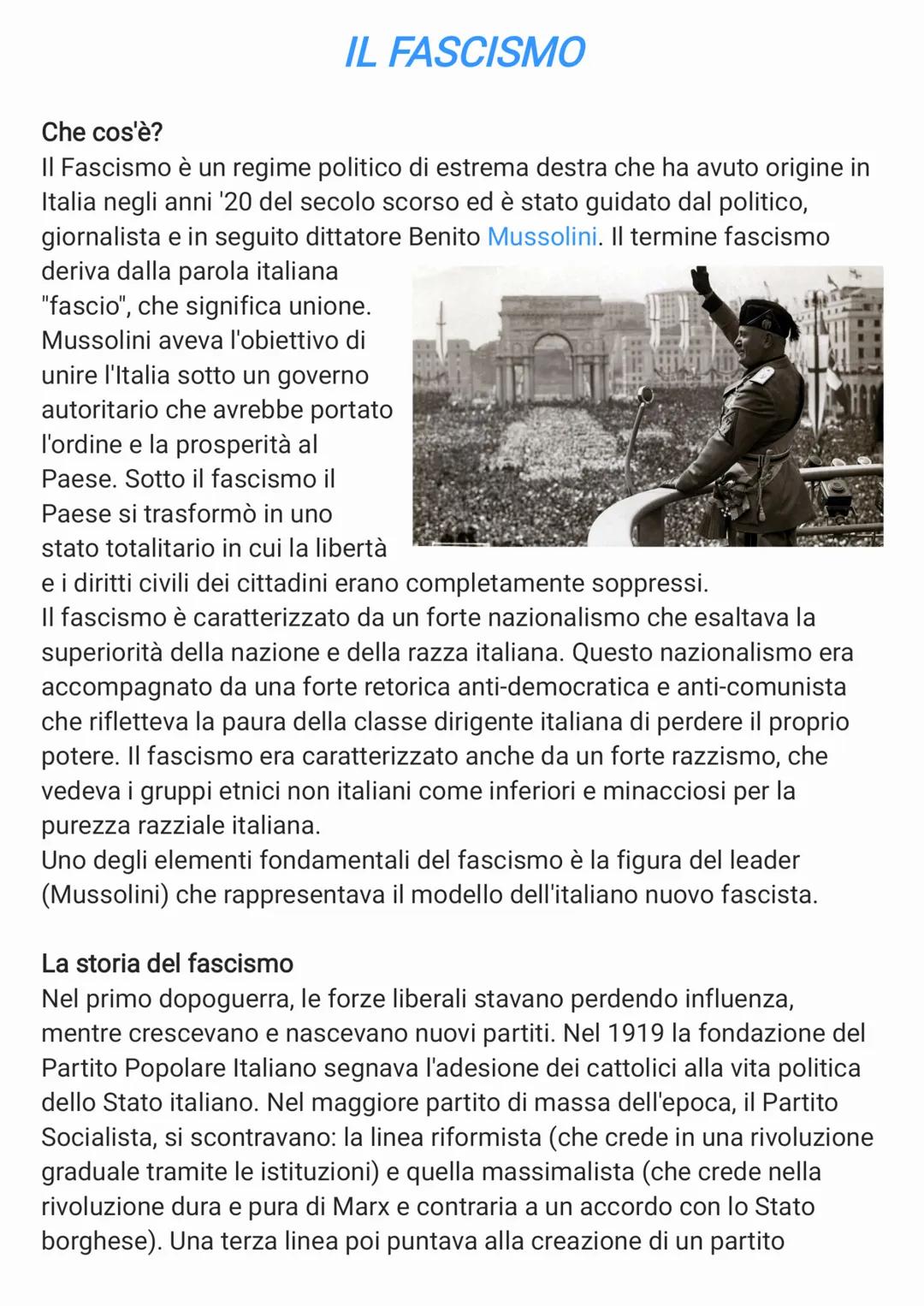 # IL FASCISMO

Che cos'è?

II Fascismo è un regime politico di estrema destra che ha avuto origine in
Italia negli anni '20 del secolo scors