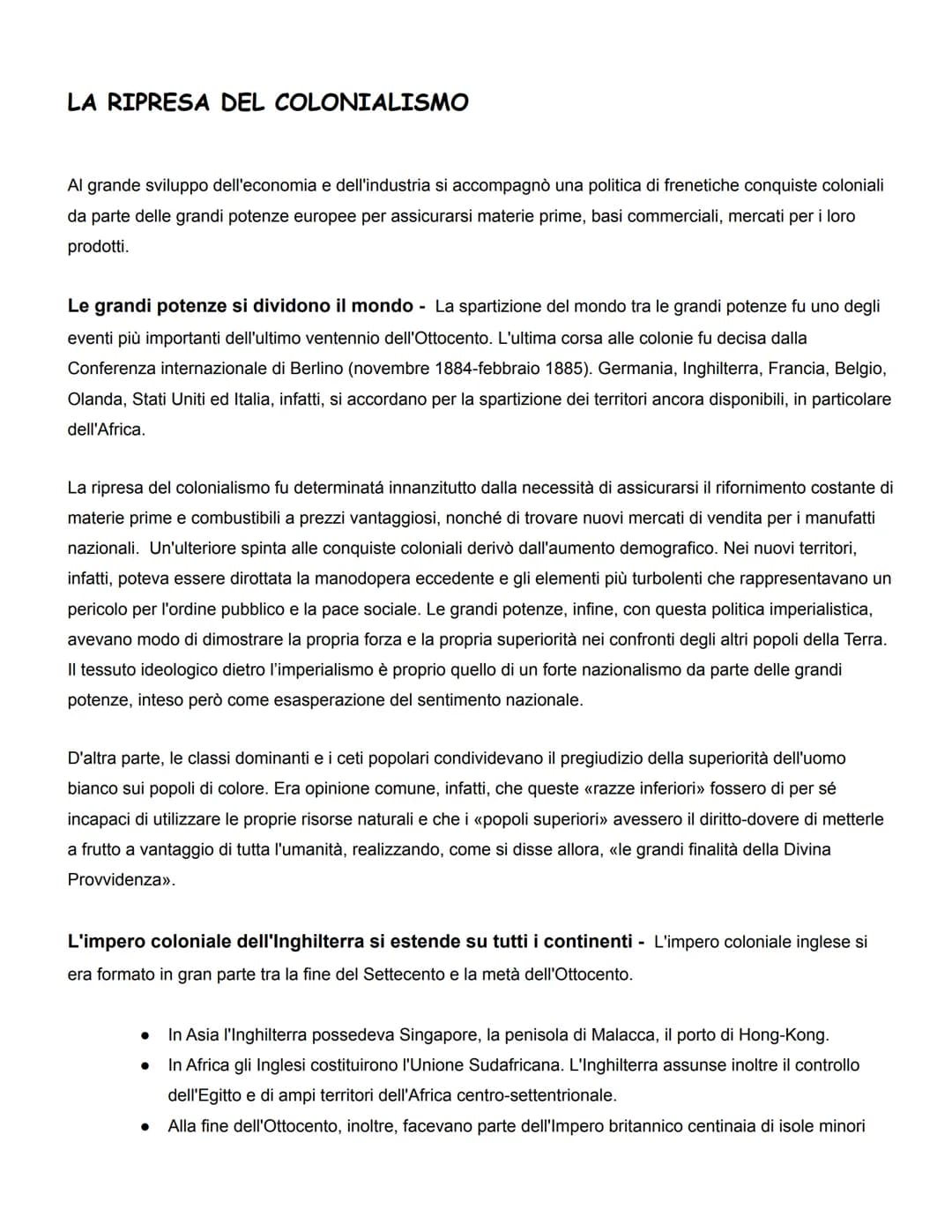 LA RIPRESA DEL COLONIALISMO
Al grande sviluppo dell'economia e dell'industria si accompagnò una politica di frenetiche conquiste coloniali
d