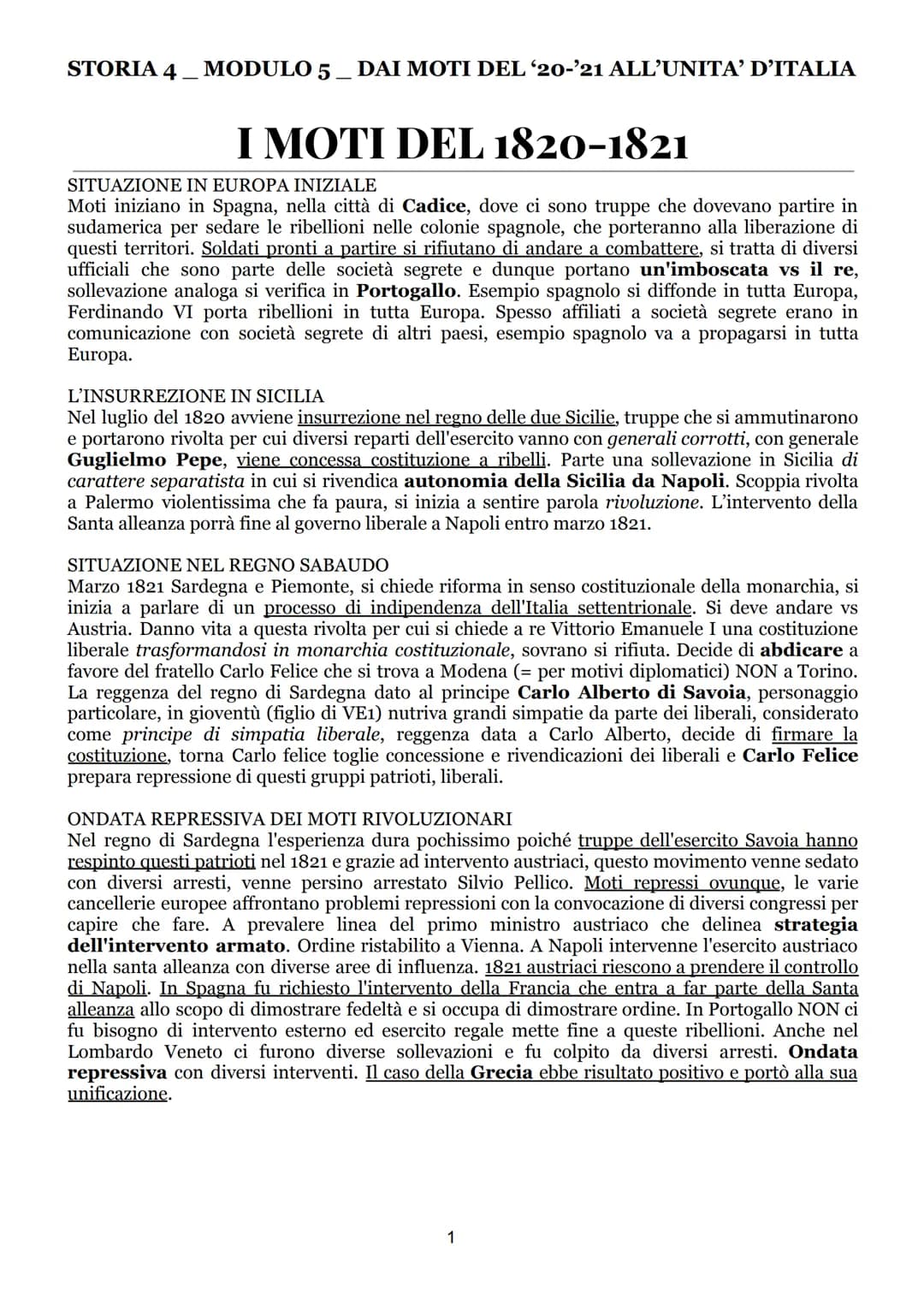 STORIA 4
MODULO 5 DAI MOTI DEL '20-'21 ALL’UNITA' D'ITALIA
I MOTI DEL 1820-1821
SITUAZIONE IN EUROPA INIZIALE
Moti iniziano in Spagna, nella