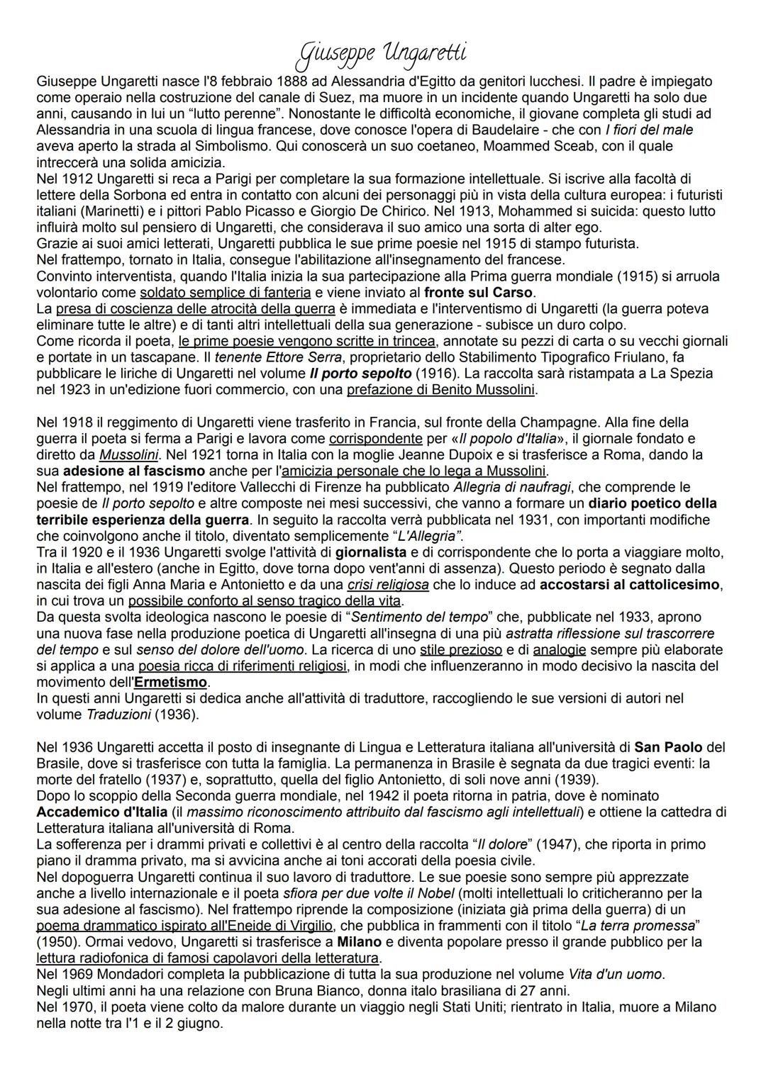 # Giuseppe Ungaretti

Giuseppe Ungaretti nasce l'8 febbraio 1888 ad Alessandria d'Egitto da genitori lucchesi. Il padre è impiegato
come ope