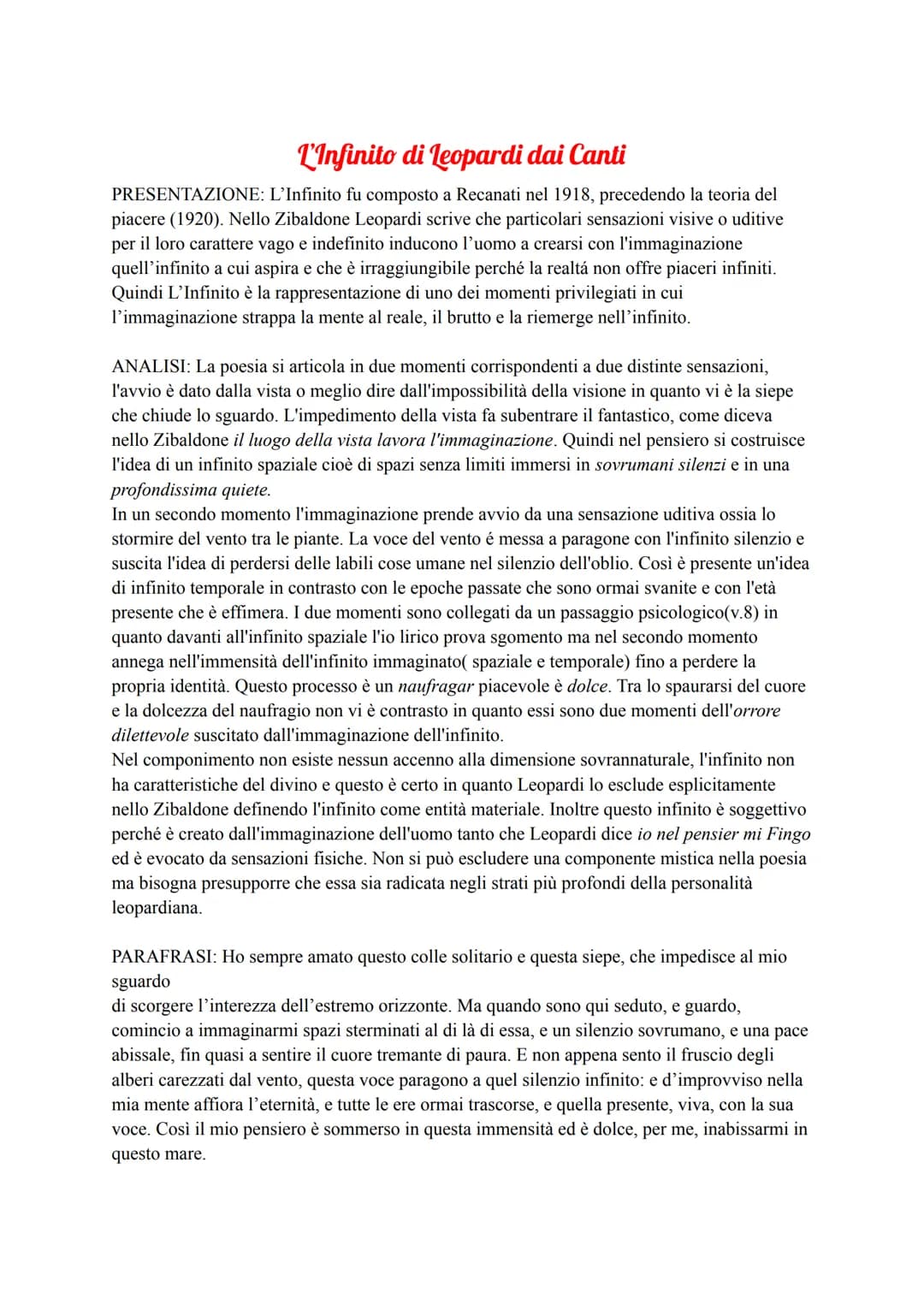 L'Infinito di Leopardi dai Canti
PRESENTAZIONE: L'Infinito fu composto a Recanati nel 1918, precedendo la teoria del
piacere (1920). Nello Z