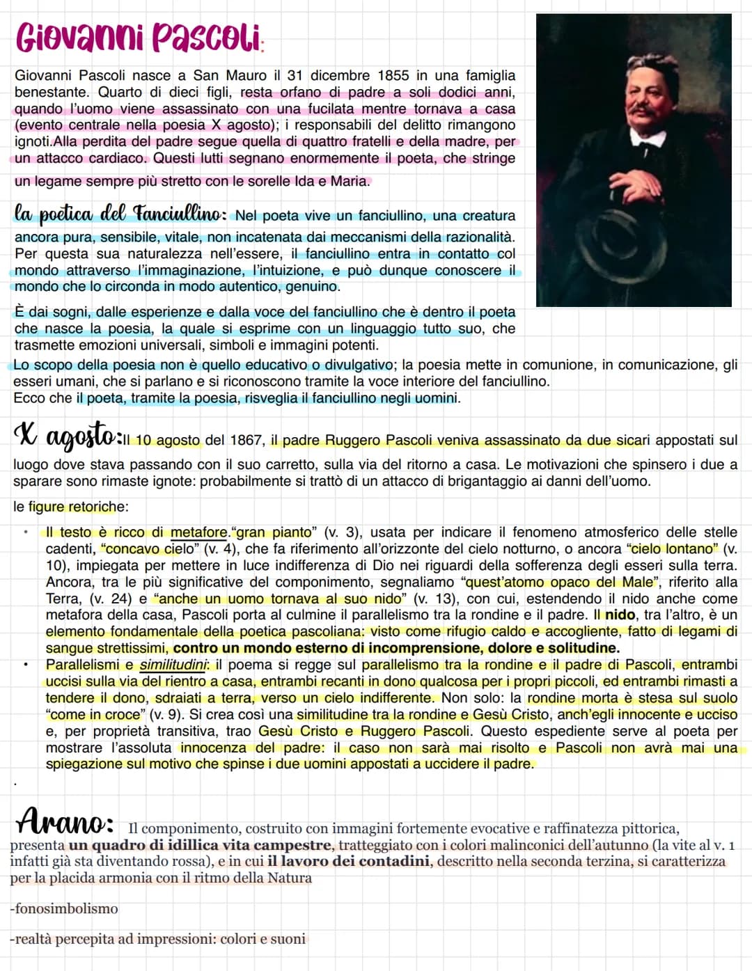 Giovanni Pascoli:
Giovanni Pascoli nasce a San Mauro il 31 dicembre 1855 in una famiglia
benestante. Quarto di dieci figli, resta orfano di 